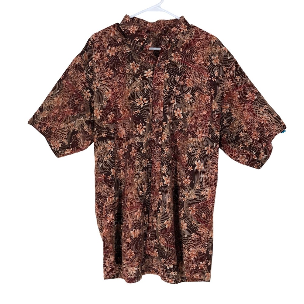 Mens Silky Polyester Hawaiian Button Down Shirt in Browns & Rust Colors SZ XXL